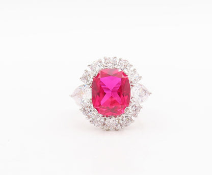 925 Sterling Silver Vintage Ring Rectangle Pink & White CZ Flower Sz 7  RG29605