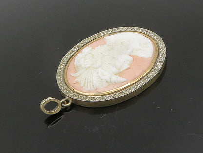925 Sterling Silver  Vintage Sparkly Topaz Carved Woman Cameo Pendant  PT20389