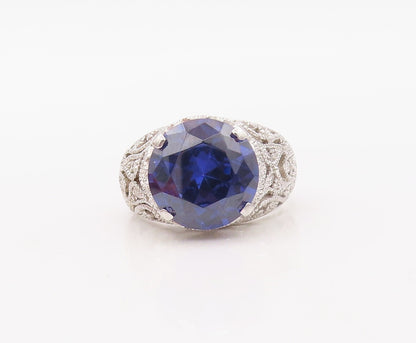 925 Sterling Silver Vintage Ring Swirly Cutout Round Sapphire  Sz 7  RG30782