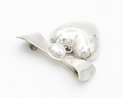 MEXICO 925 Sterling Silver  Vintage Love Heart Ribbon Bow Brooch Pin  BP5465