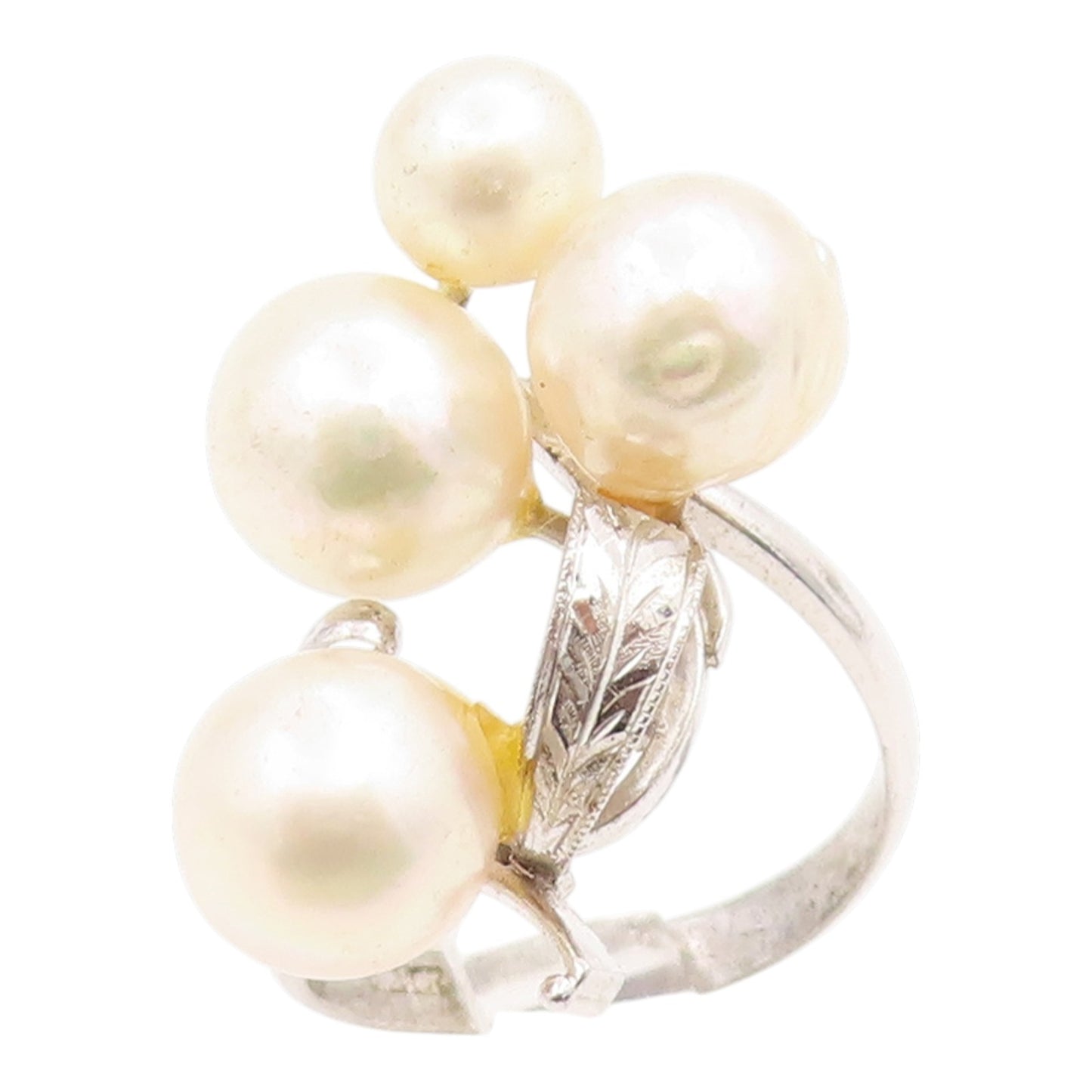 925 Sterling Silver Vintage Ring Elegant Pearl Etched Leaf Band  Sz 6  RG35858