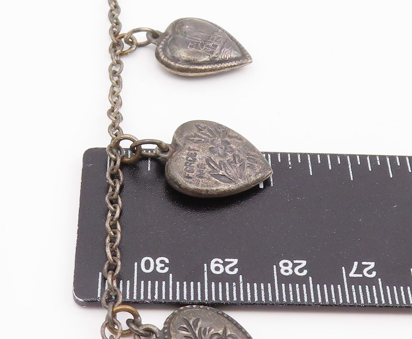 925 Sterling Silver Vintage Necklace Etched Love Heart Charm Motif Chain  NE4832