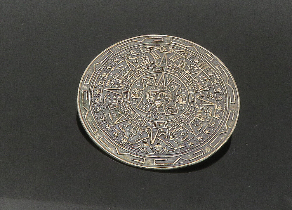 MEXICO 925 Silver  Vintage Mayan Aztec Sun Calendar Oxidized Brooch Pin BP8767