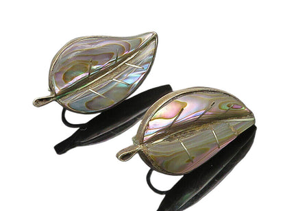 MEXICO 925 Silver  Vintage Abalone Shell Leaf Non Pierce Earrings  EG10260