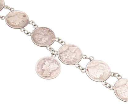 925 Sterling Silver Vintage Bracelet Classic US Mercury Dime Coin Link  BT12219
