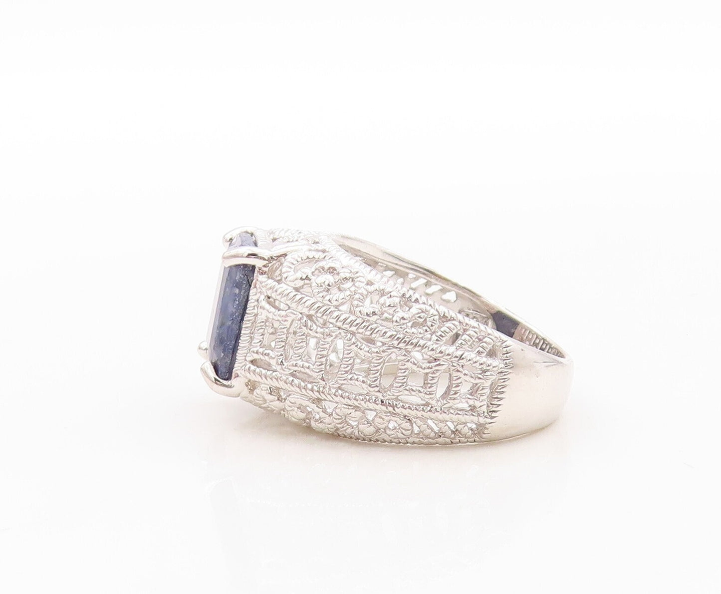 925 Sterling Silver Vintage Ring Designer Cutout Rectangle Sapphire Sz 7 RG30894