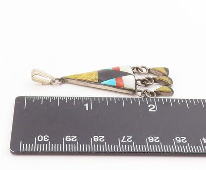 925 Sterling Silver Vintage Pendant SOUTHWESTERN Multi Gemstone Inlay PT25671