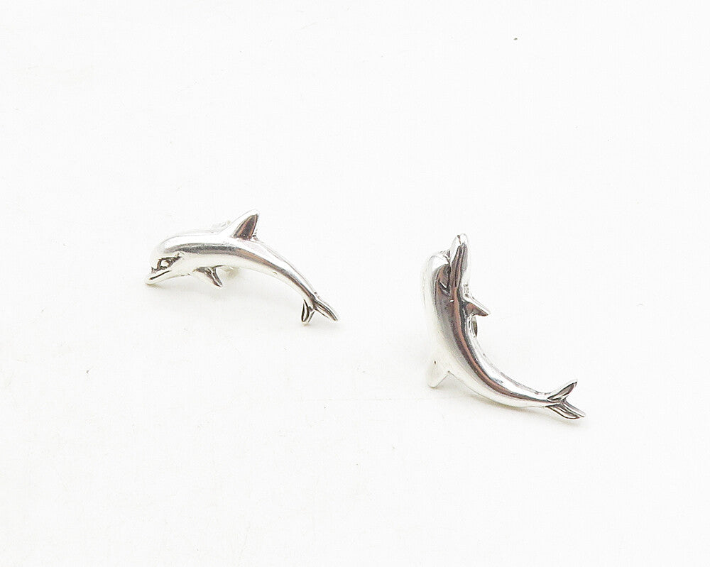 925 Sterling Silver  Vintage Shiny Leaping Dolphin Motif Drop Earrings  EG5248