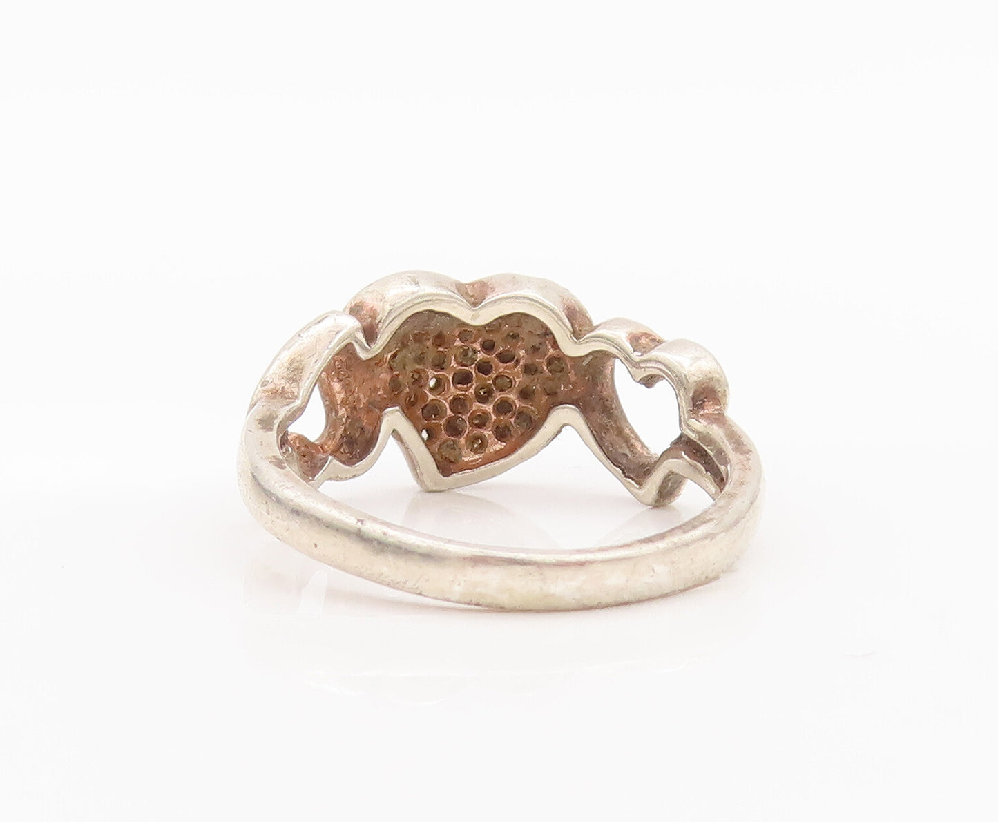 925 Sterling Silver Vintage Ring Swirly Carved Hearts Beaded Topaz Sz 7  RG27707