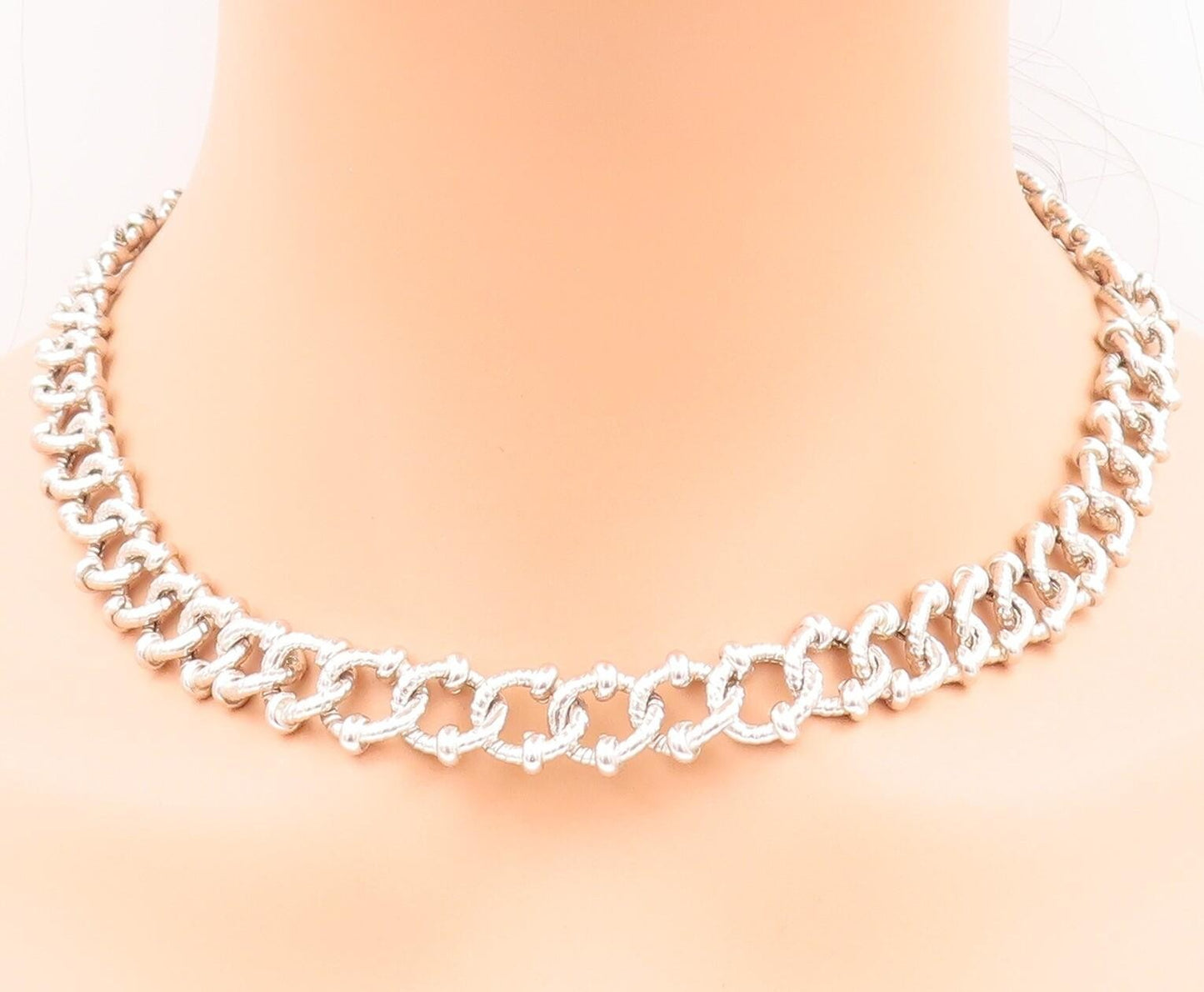 925 Sterling Silver Vintage Necklace Carved Beaded Rope Rings Linked  NE4269