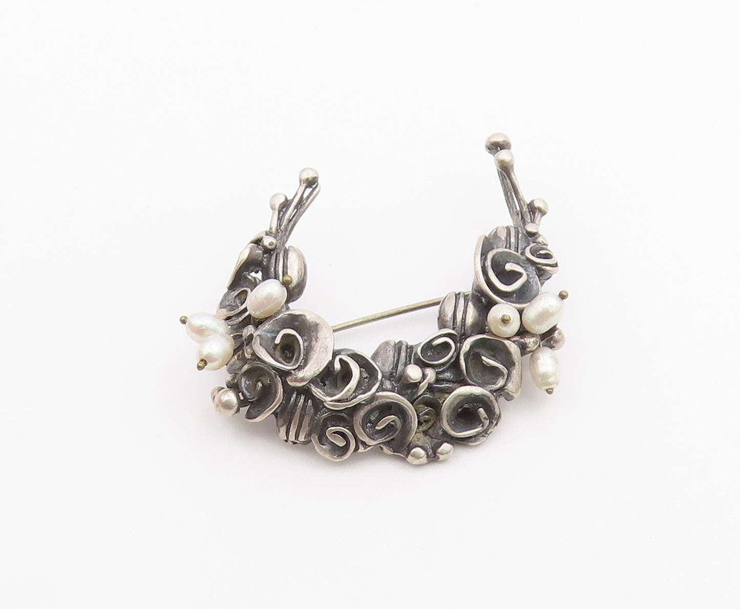 925 Sterling Silver  Vintage Petite Pearls Modernist Floral Brooch Pin  BP9111