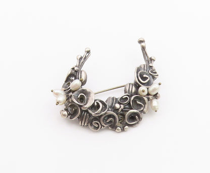 925 Sterling Silver  Vintage Petite Pearls Modernist Floral Brooch Pin  BP9111