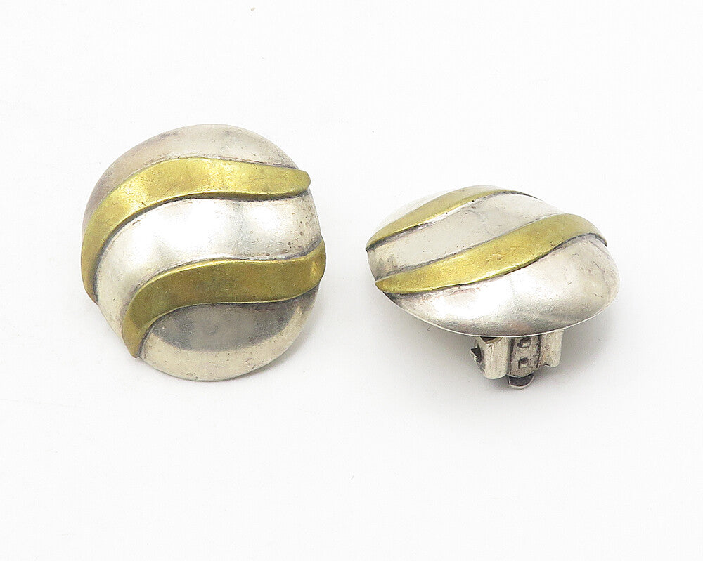 MEXICO 925 Sterling Silver  Vintage Two Tone Dome Non Pierce Earrings  EG6038