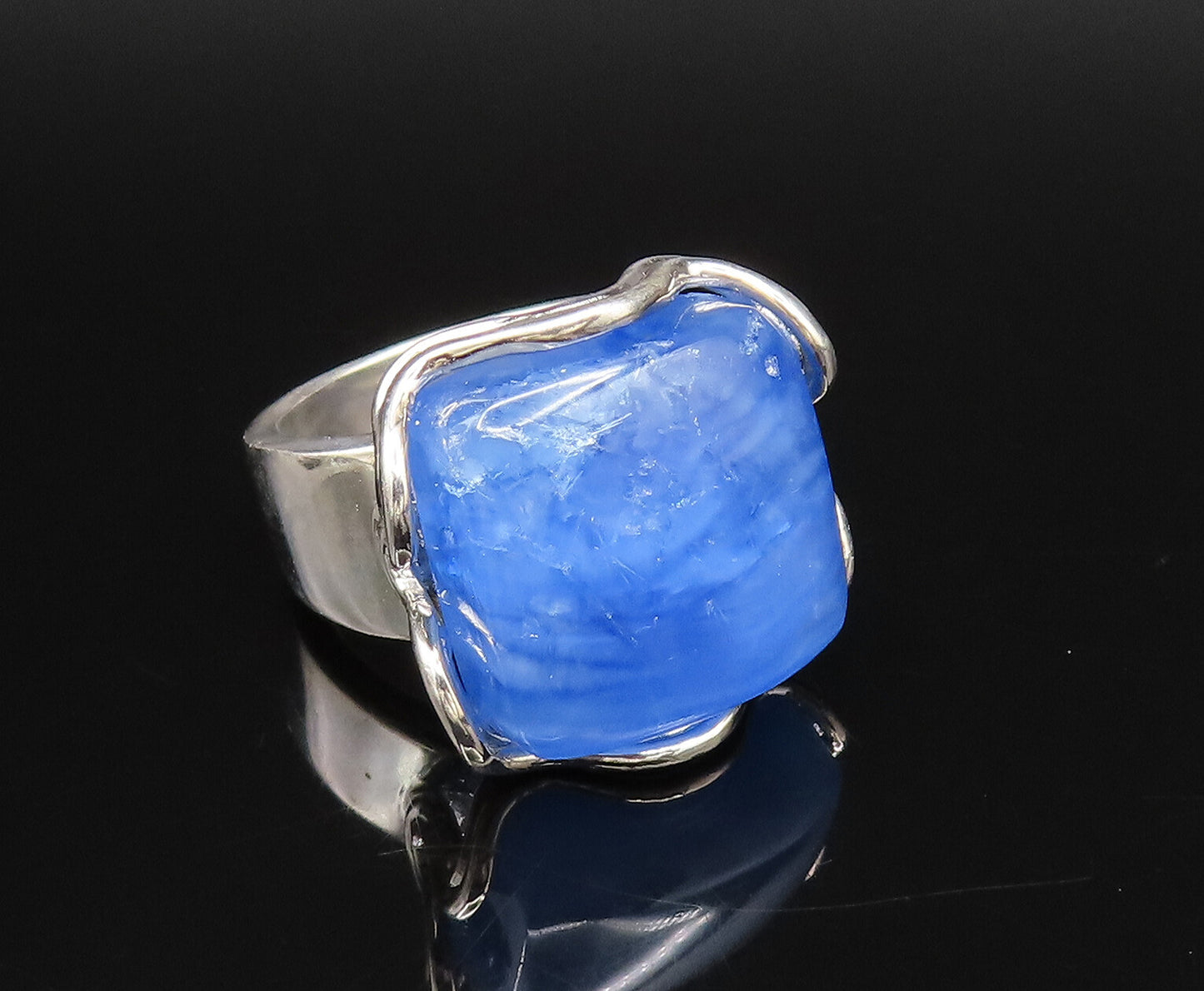 925 Silver  Vintage Unique Water Blue Agate Wavy Frame Ring Sz 7  RG26093