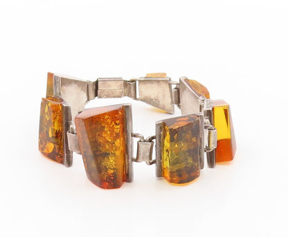 925 Sterling Silver Vintage Bracelet POLAND Designer Honey Amber Band  BT11053
