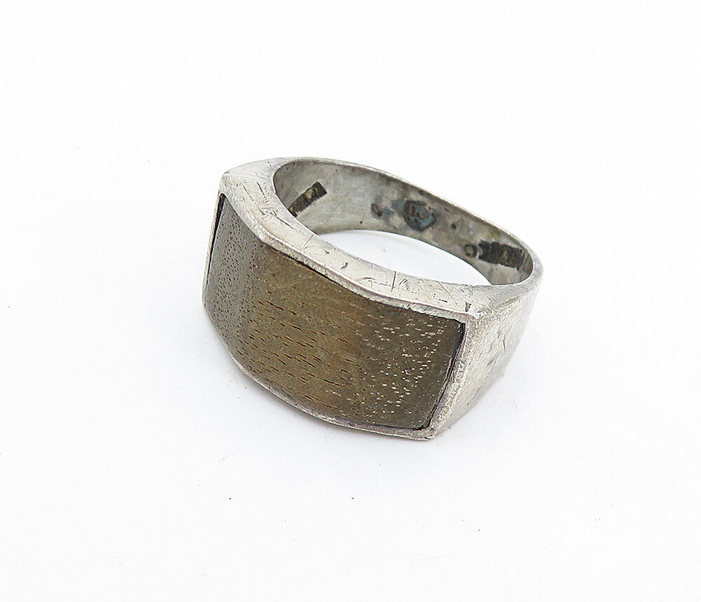 MEXICO 925 Sterling Silver Vintage Rustic Wooden Band Ring Sz 9.5 RG5849