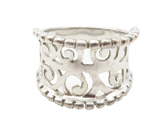 925 Sterling Silver  Shiny Swirl Cutout Fluted Trim Band Ring Sz 7  RG11802