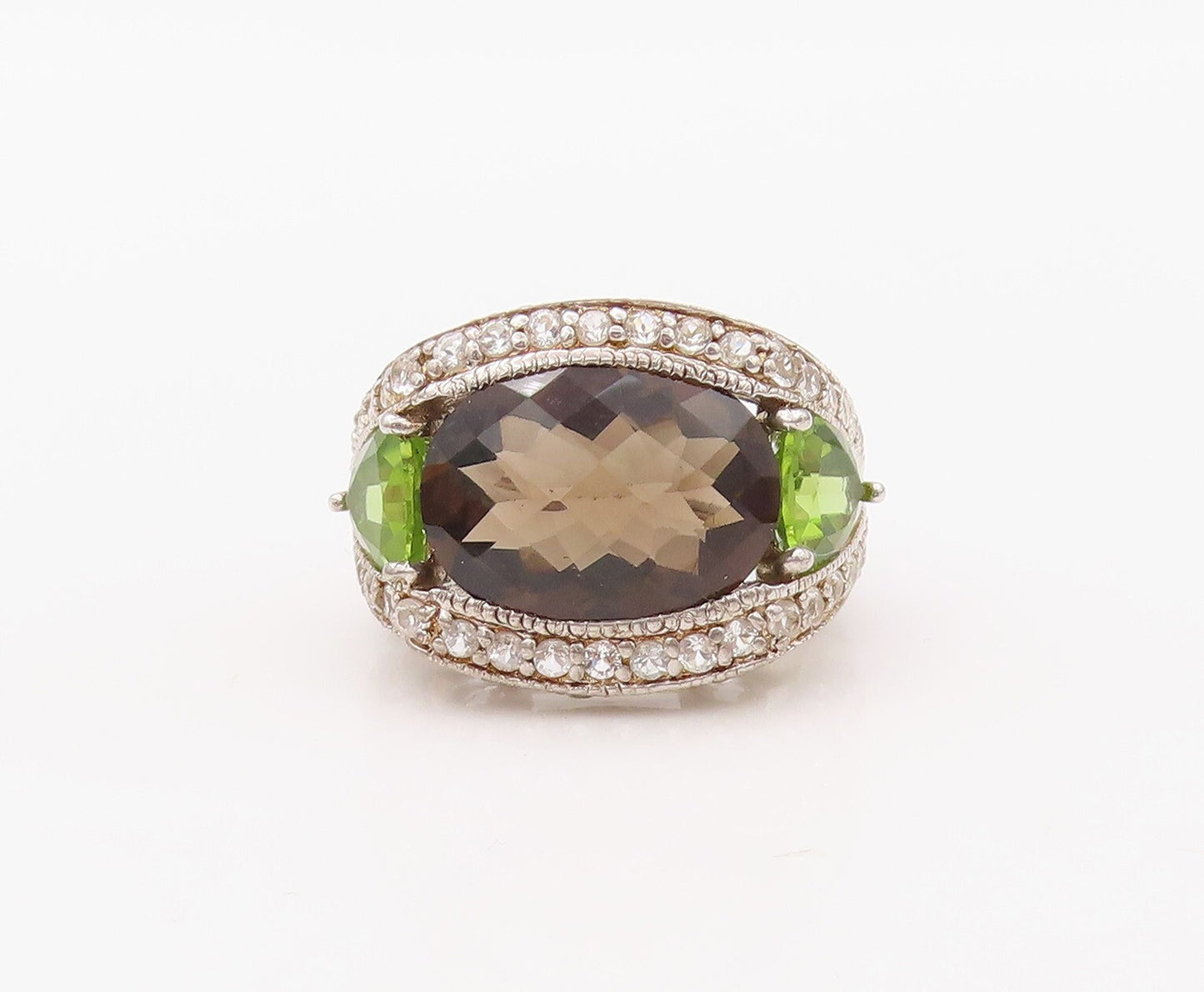 925 Sterling Silver Vintage Ring Designer Smoky Quartz CZ & Peridot Sz 7 RG30801