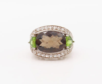 925 Sterling Silver Vintage Ring Designer Smoky Quartz CZ & Peridot Sz 7 RG30801