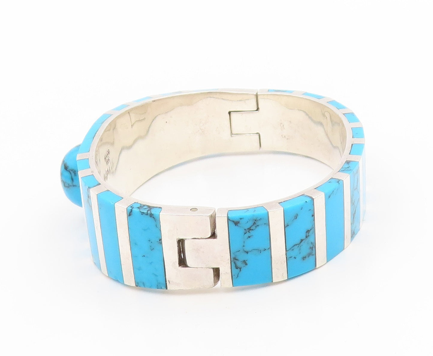 925 Sterling Silver Vintage Bracelet MEXICO Turquoise Inlay Bangle  BT11775
