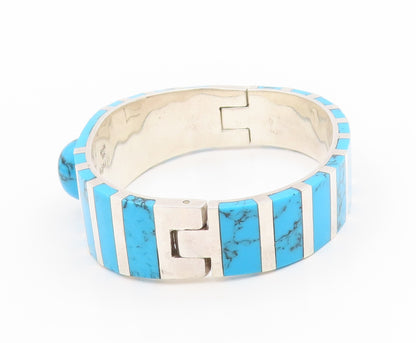 925 Sterling Silver Vintage Bracelet MEXICO Turquoise Inlay Bangle  BT11775