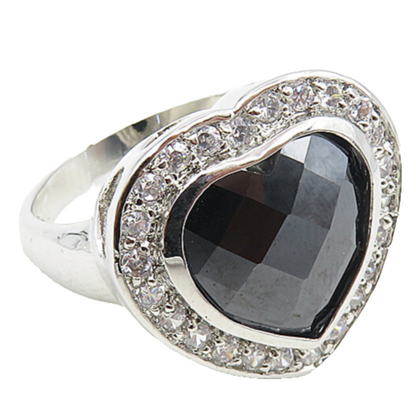 925 Sterling Silver  Hematite & Cubic Zirconia Heart Cocktail Ring Sz 8 RG9021