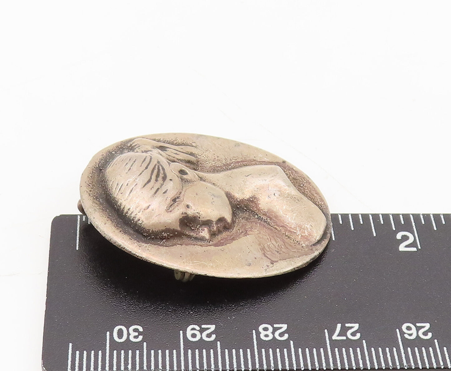 925 Sterling Silver  Vintage Antique Carved Girl Solid Oval Brooch Pin BP10442