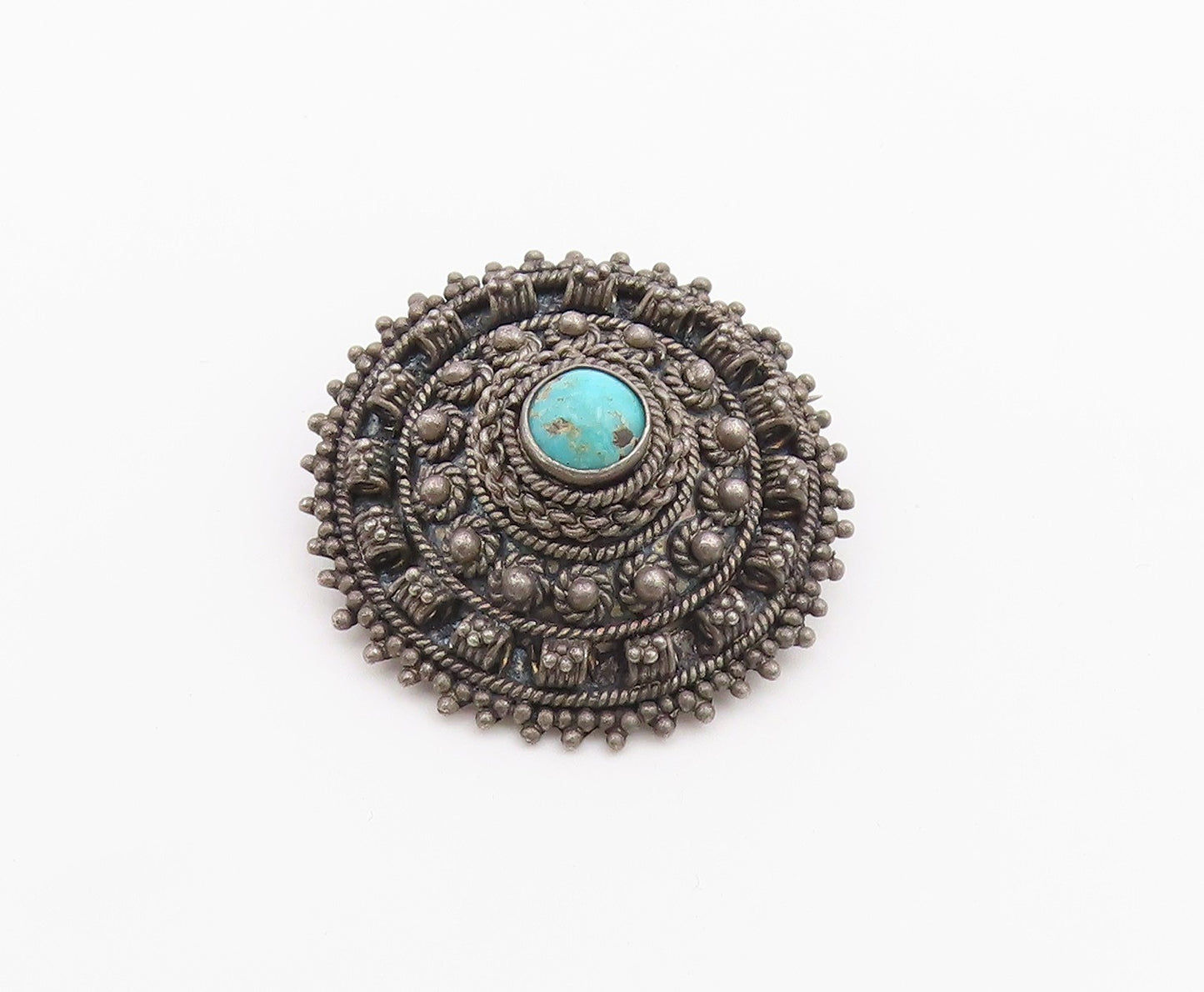 ISRAEL 925 Silver  Vintage Turquoise Dark Tone Floral Dome Brooch Pin  BP3850
