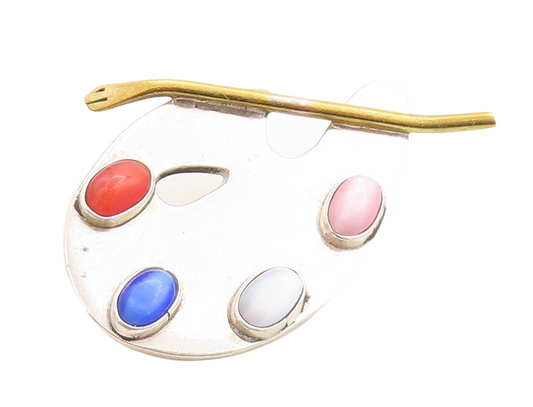 925 Sterling Silver Vintage Brooch Pin MEXICO Cat's Eye Color Palate  BP11363