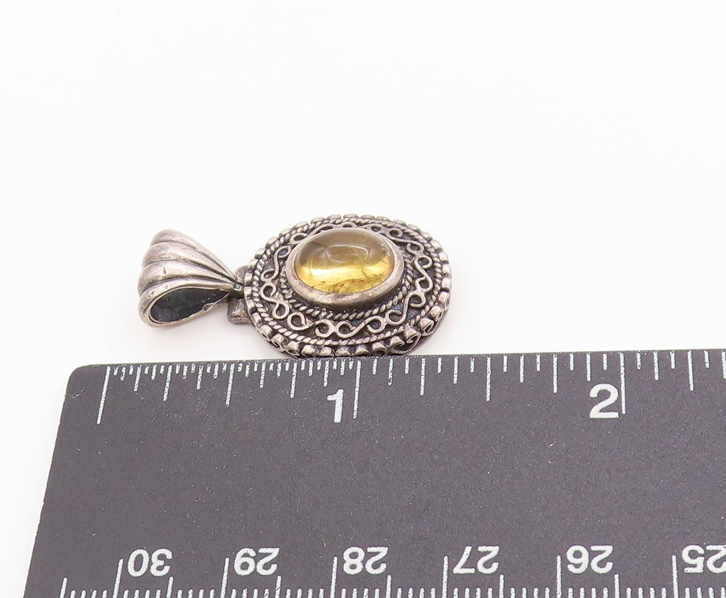 925 Sterling Silver Vintage Pendant Dark Tone Etched Oval Citrine Charm  PT24863
