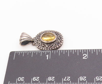 925 Sterling Silver Vintage Pendant Dark Tone Etched Oval Citrine Charm  PT24863