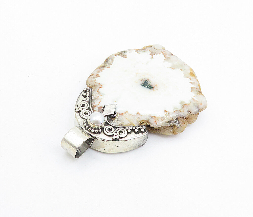 925 Sterling Silver  Vintage Brown & White Agate & Pearl Drop Pendant  PT5886