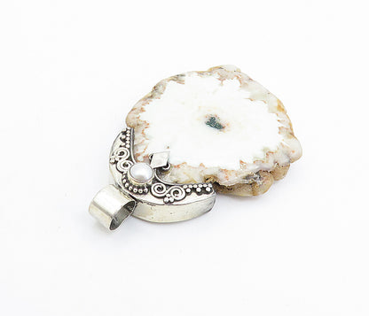 925 Sterling Silver  Vintage Brown & White Agate & Pearl Drop Pendant  PT5886