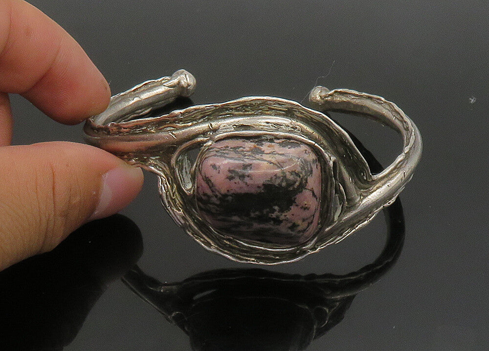 925 Sterling Silver  Vintage Rhodonite Modernist Sculpted Cuff Bracelet BT9130