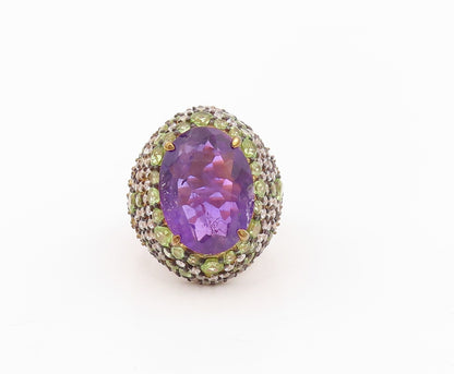 925 Sterling Silver Vintage Ring Gold Plate Amethyst Peridot & CZ  Sz 7  RG30160