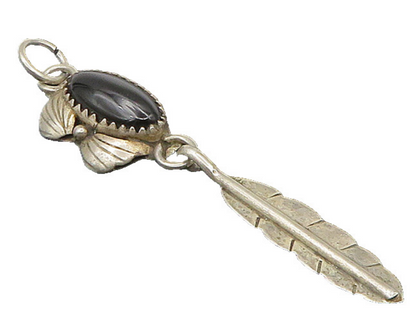NAVAJO 925 Silver  Vintage Black Onyx Feather Floral Leaf Pendant  PT19556