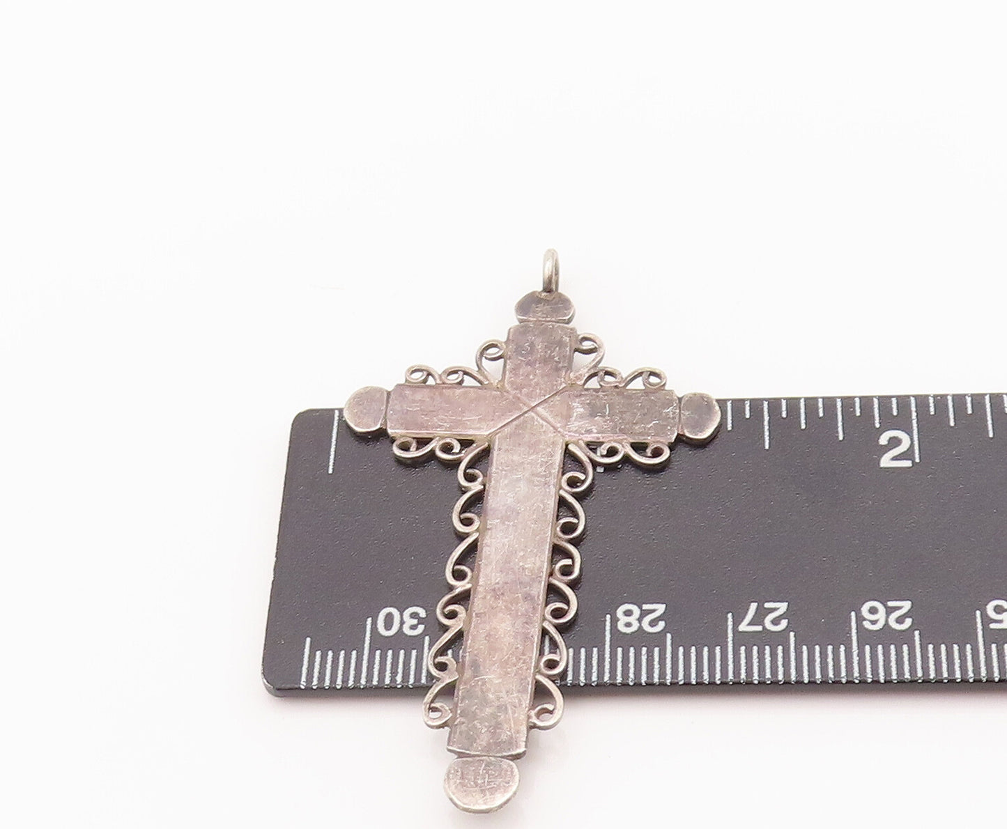 925 Sterling Silver Vintage Pendant Solid Religious Cross Halo Swirls  PT22673