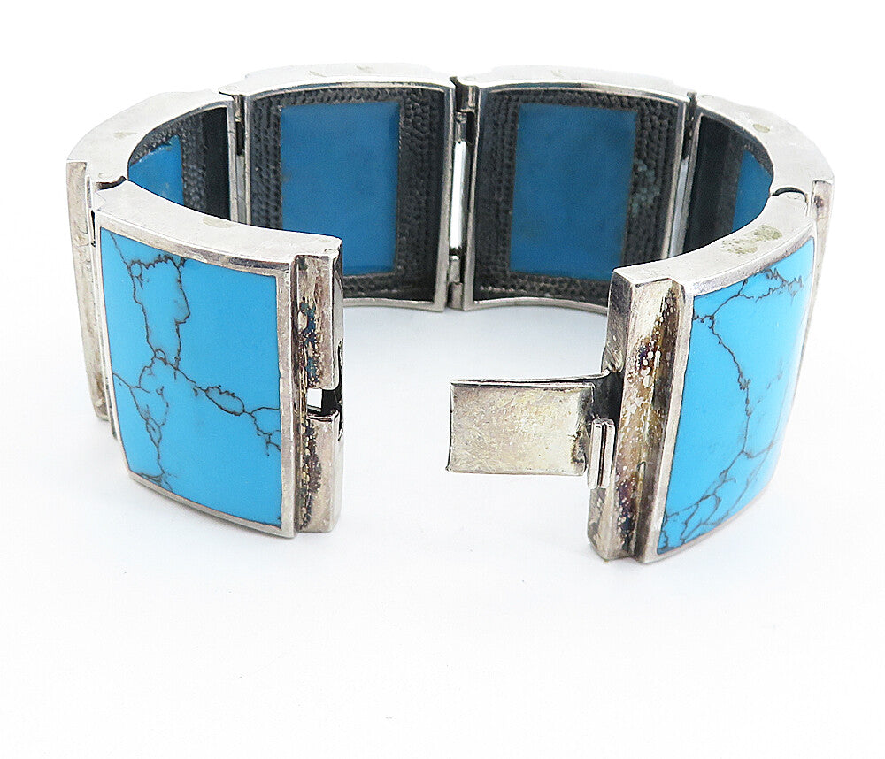 925 Sterling Silver  Vintage Turquoise Square Hinge Chain Bracelet  BT2240