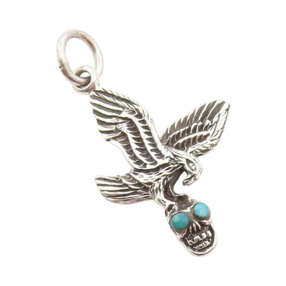 925 Sterling Silver Vintage Pendant Flying Bird Turquoise Eyed Skull  PT24153