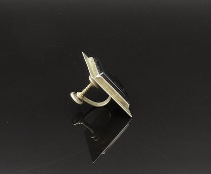 MEXICO 925 Silver  Vintage Rectangular Black Onyx Screw Back Earrings  EG11946