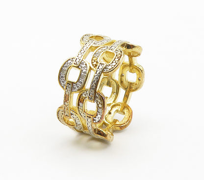 925 Silver  Genuine Diamonds Gold Plated Chain Link Band Ring Sz 9  RG15530