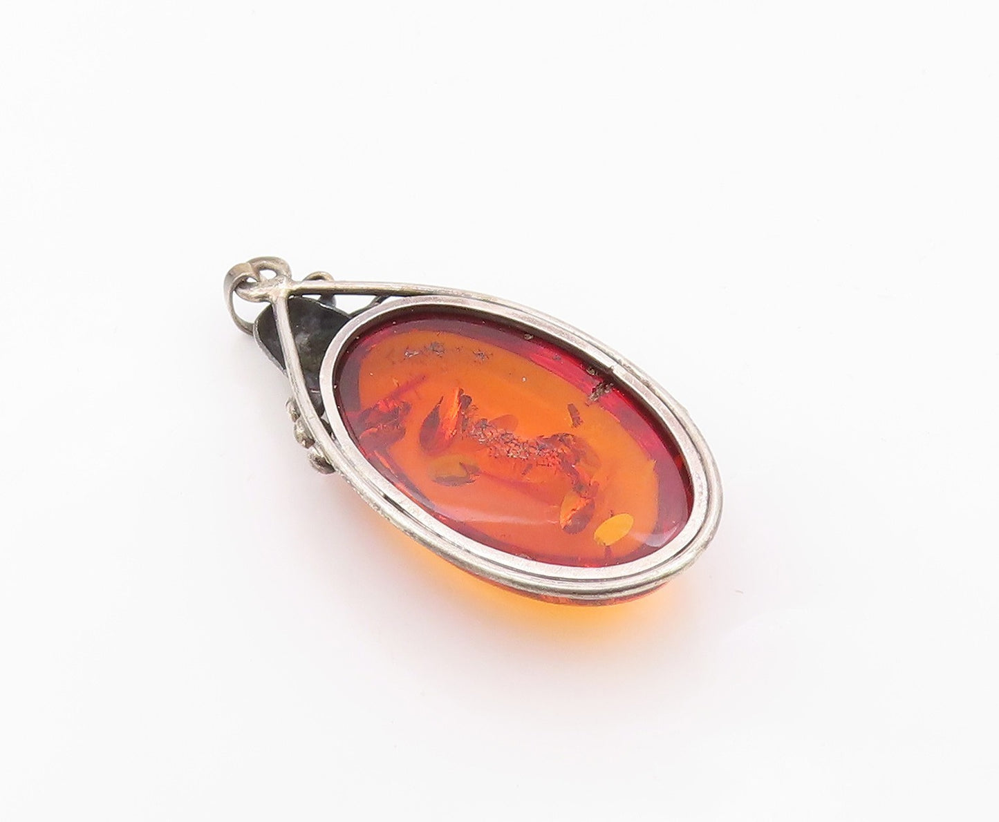 925 Sterling Silver Vintage Pendant POLAND Cabochon Amber Leaf & Berry  PT26354