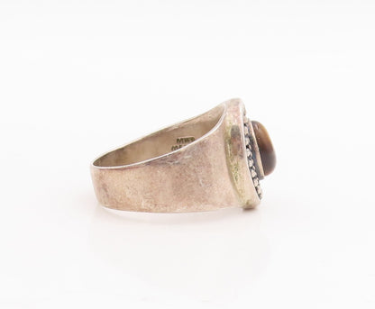 925 Sterling Silver Vintage Ring MEXICO Tiger's Eye Halo Beaded  Sz 11.5 RG28688