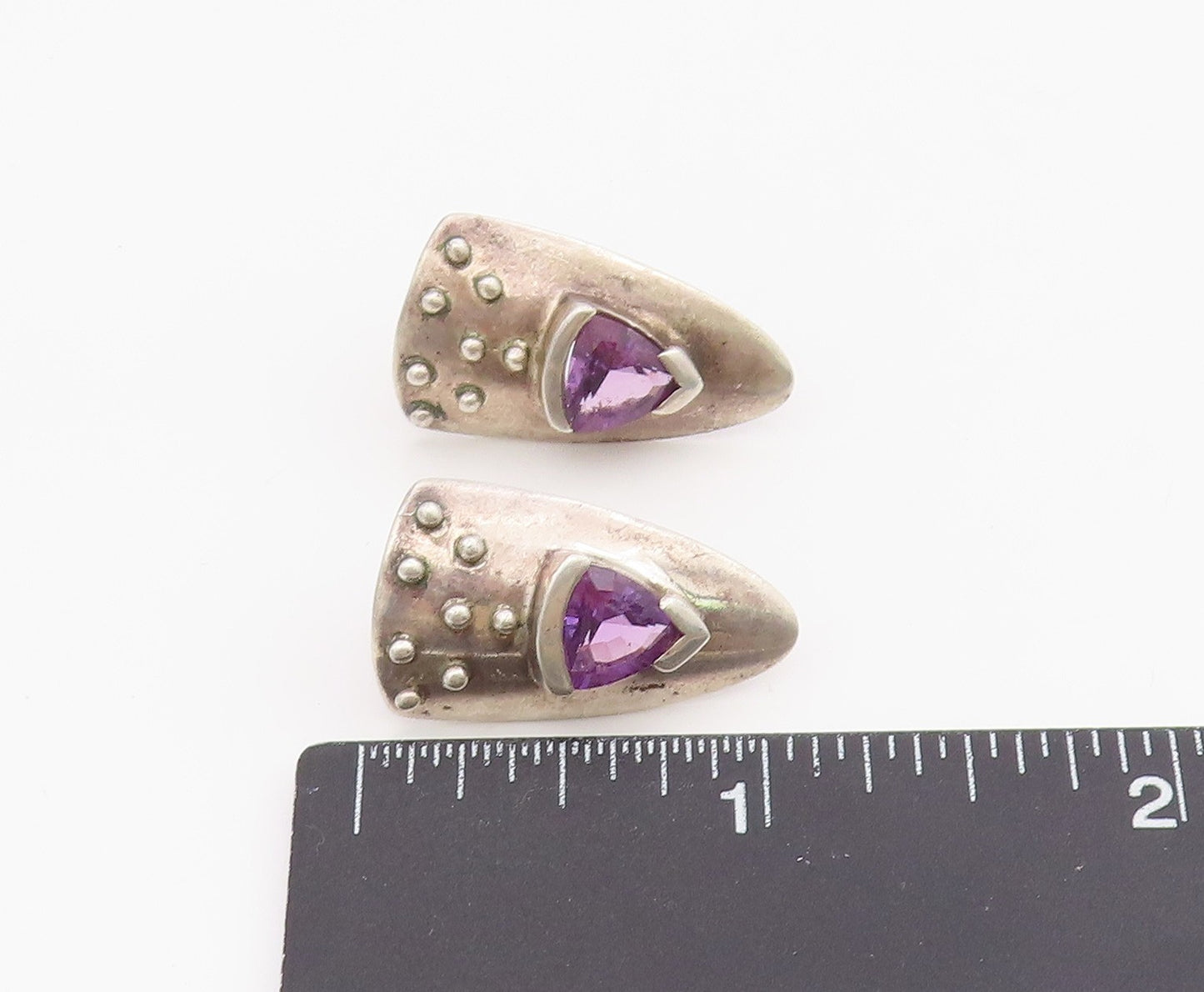 925 Sterling Silver Vintage Earrings Modernist Amethyst Shield Studs  EG13914