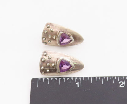 925 Sterling Silver Vintage Earrings Modernist Amethyst Shield Studs  EG13914