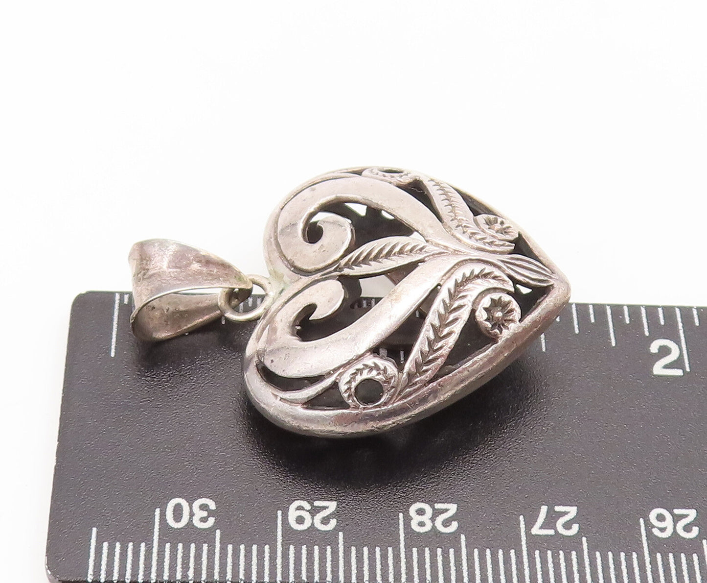 925 Sterling Silver  Vintage Swirly Cut Carved Puffed Heart Pendant  PT22351