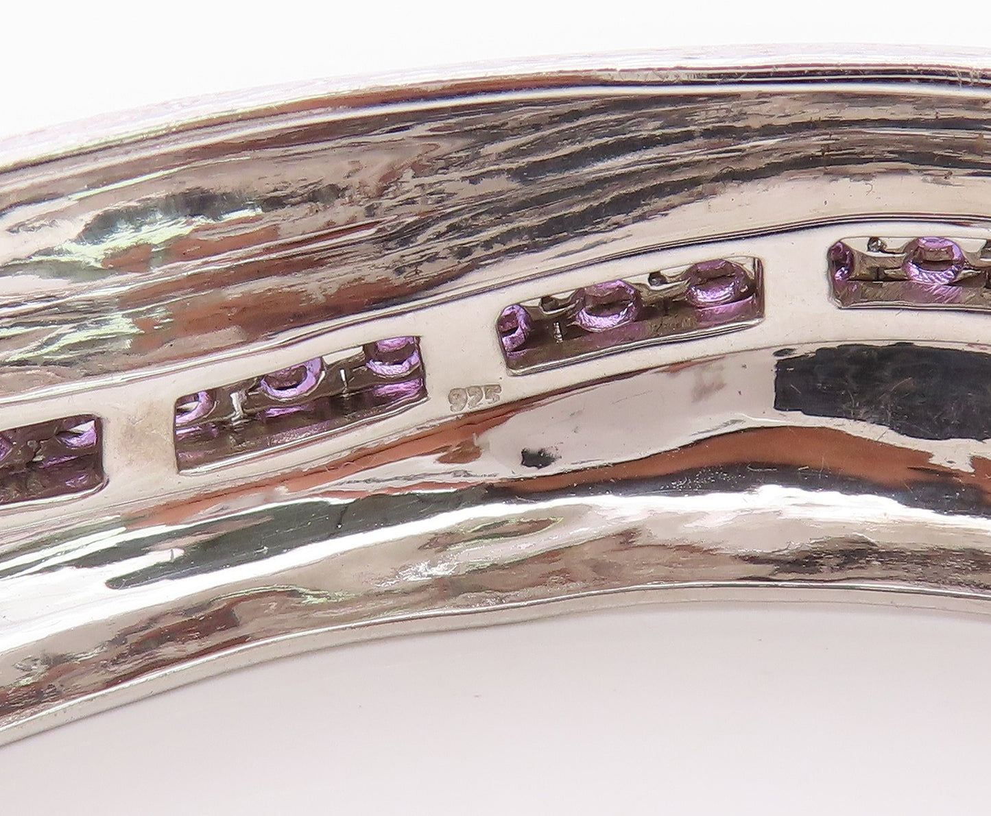 925 Sterling Silver Vintage Bracelet Modernist Amethyst Chain Inlay Cuff BT11351