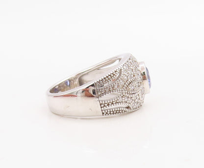 925 Sterling Silver Vintage Ring Floral Design Carved Sapphire & CZ Sz 7 RG30748