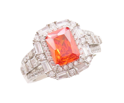 925 Sterling Silver Vintage Ring Rectangle Cut Orange & White CZ  Sz 7  RG29448