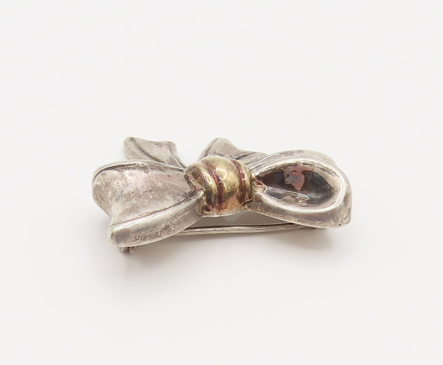 18K GOLD & 925 Silver  Vintage Two Tone Ribbon Bow Tie Brooch Pin  BP10150